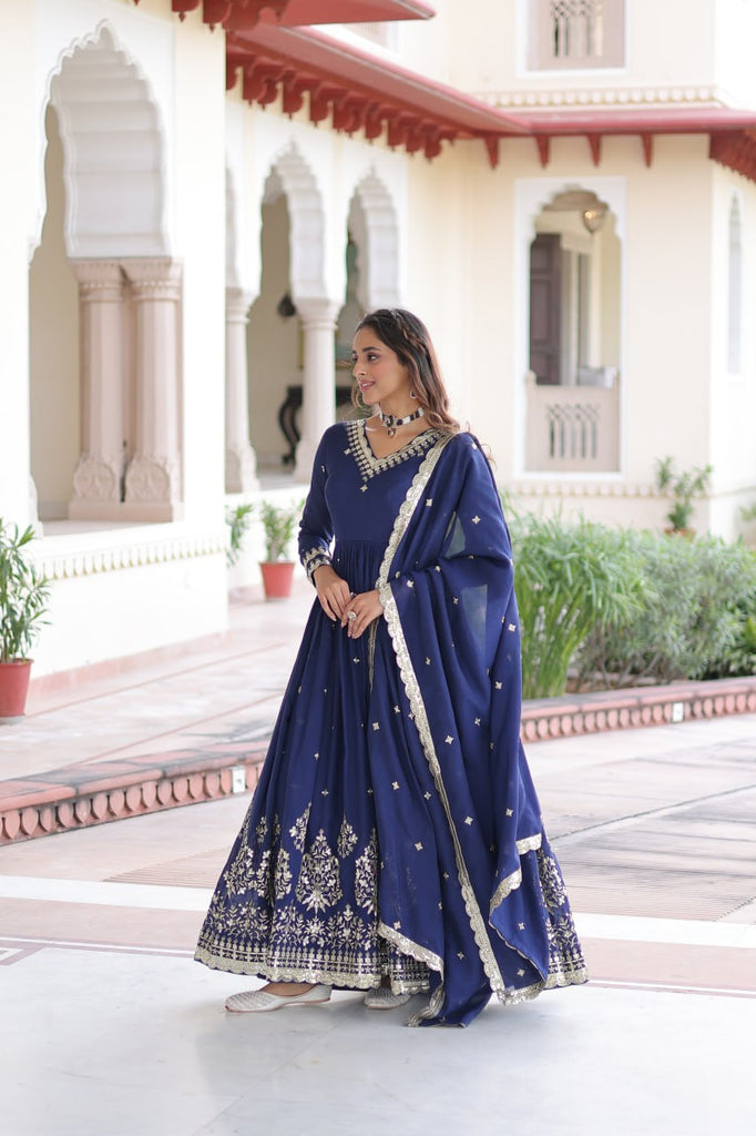 Blue Vichitra Silk Sequins Embroidered Anarkali Gown with Fancy V-Neck & Designer Dupatta – Fully Stitched Party & Festive Wear ClothsVilla