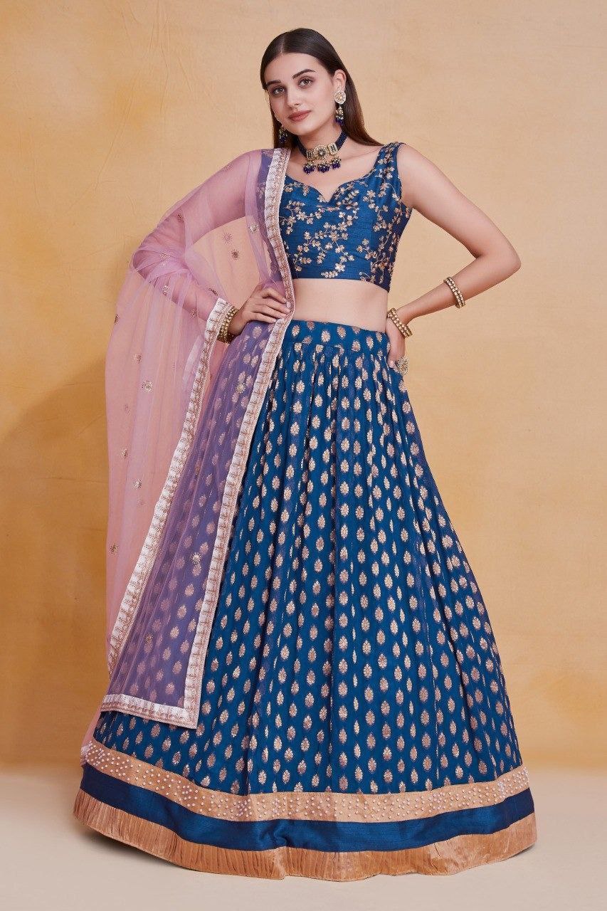 Blue Viscose Georgette Thread & Sequin Embroidered Semi-Stitched Lehenga Choli with Soft Net Dupatta ClothsVilla Main image