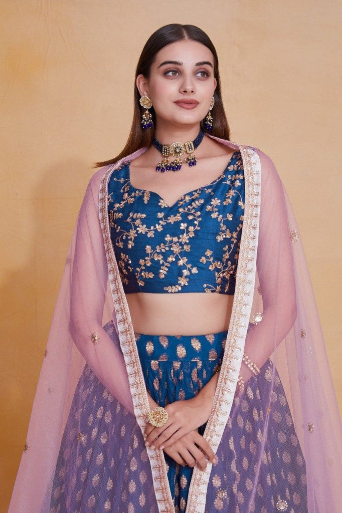 Blue Viscose Georgette Thread & Sequin Embroidered Semi-Stitched Lehenga Choli with Soft Net Dupatta ClothsVilla