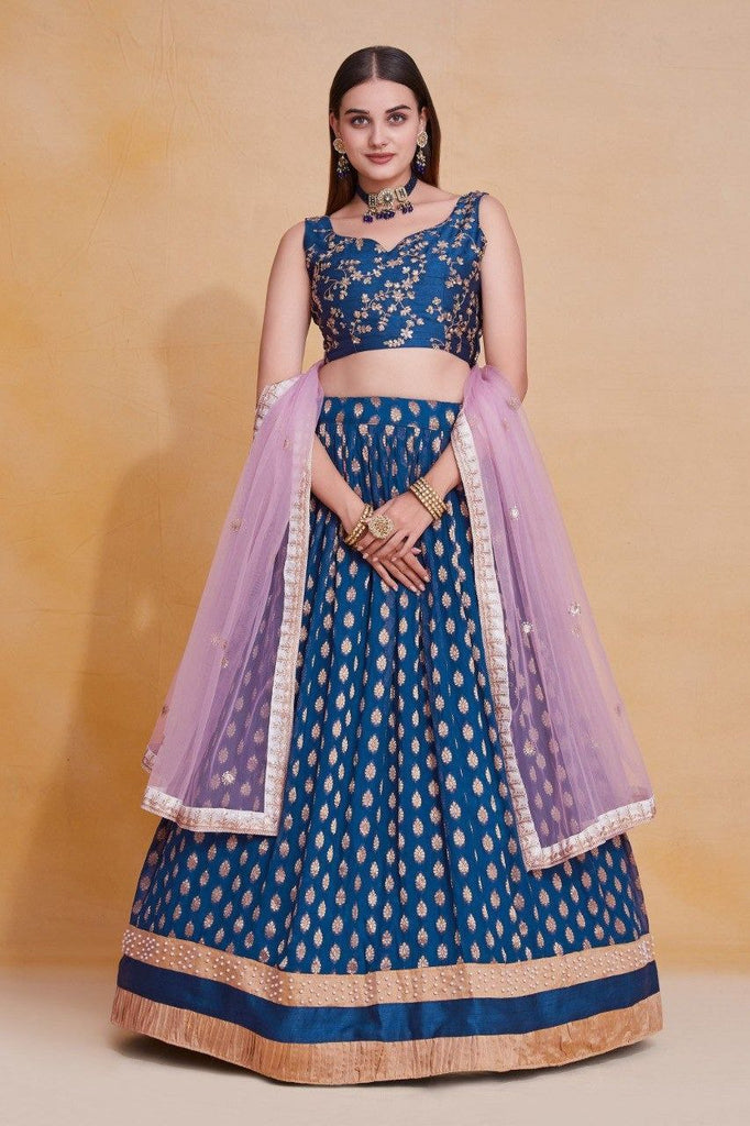 Blue Viscose Georgette Thread & Sequin Embroidered Semi-Stitched Lehenga Choli with Soft Net Dupatta ClothsVilla