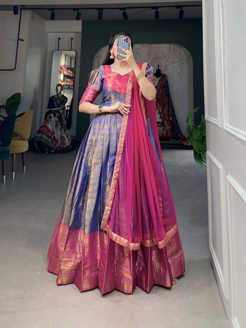 Regal Blue Zari Woven Kanjivaram Gown with Net Dupatta ClothsVilla