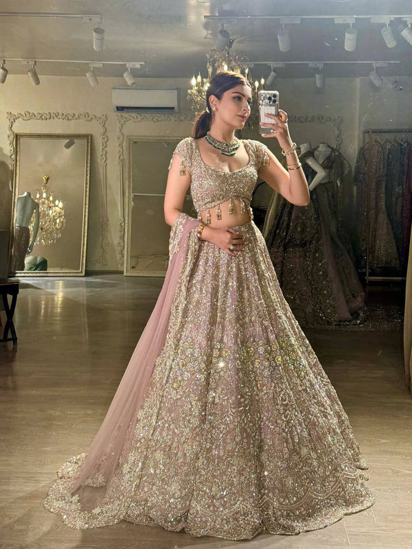 Blush Pink Net Lehenga with Dori & Zari Work ClothsVilla