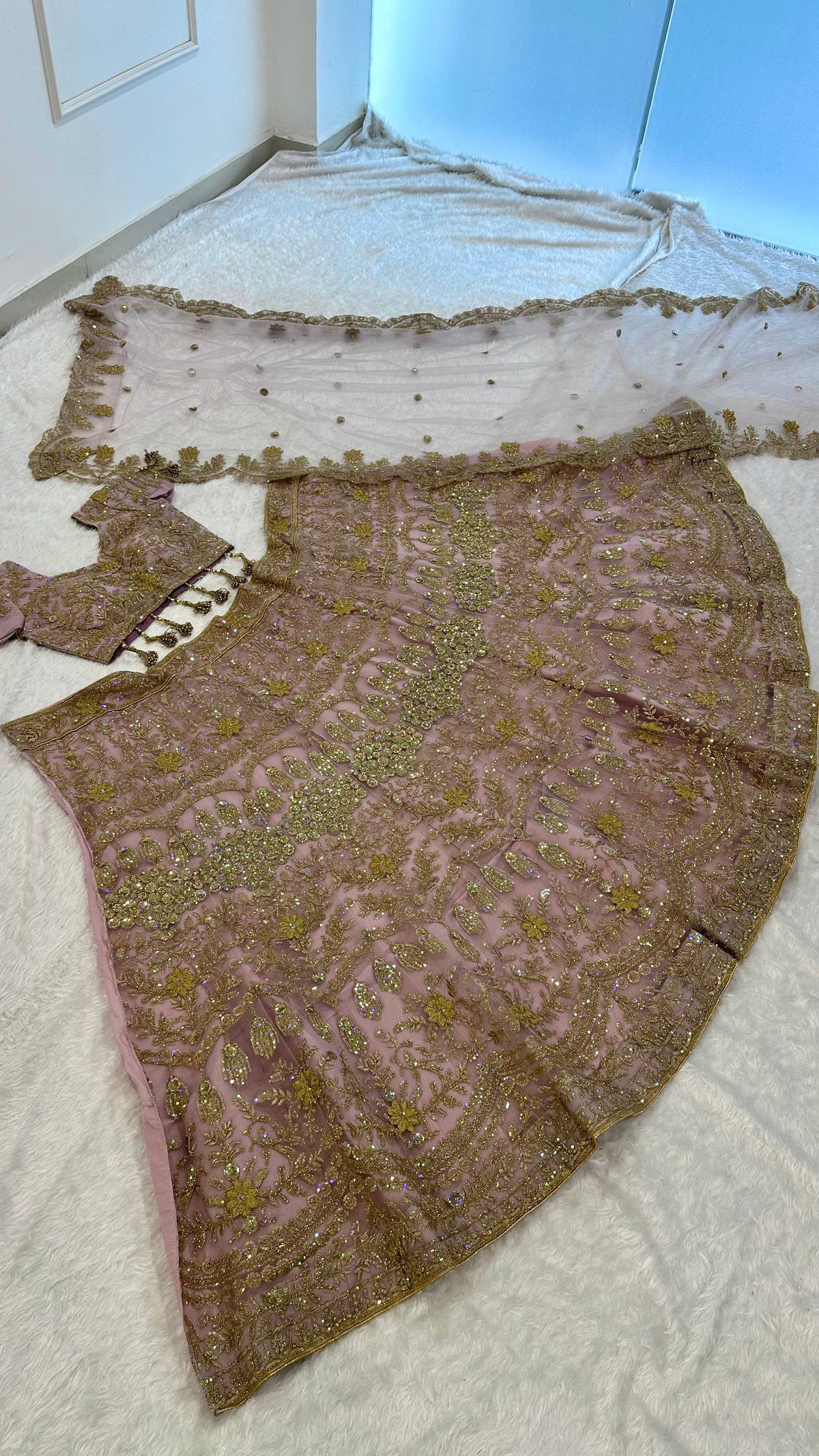 Blush Pink Net Lehenga with Dori & Zari Work ClothsVilla