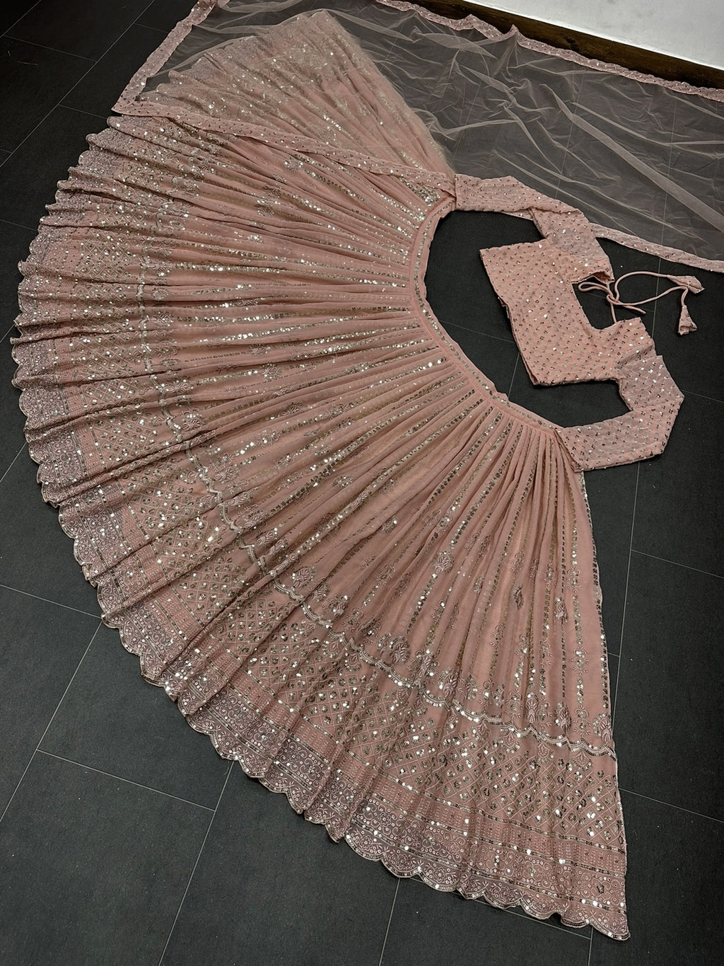 Blushing Elegance Peach Georgette Designer Lehenga with Sparkly Sequence Work ClothsVilla