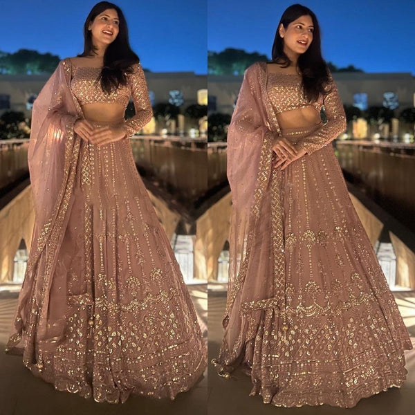 Blushing Elegance Peach Georgette Designer Lehenga with Sparkly Sequence Work ClothsVilla