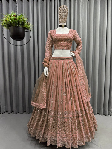 Blushing Elegance Peach Georgette Designer Lehenga with Sparkly Sequence Work ClothsVilla