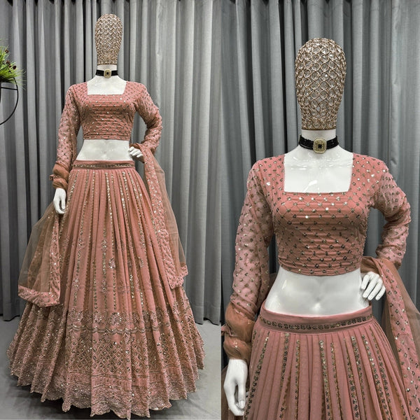Blushing Elegance Peach Georgette Designer Lehenga with Sparkly Sequence Work ClothsVilla