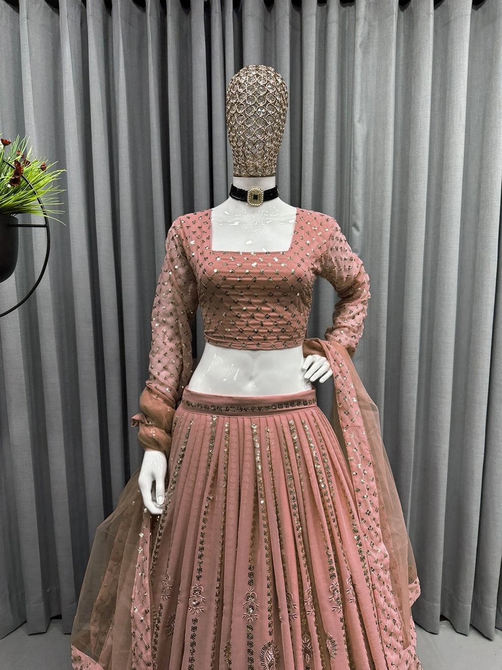 Blushing Elegance Peach Georgette Designer Lehenga with Sparkly Sequence Work ClothsVilla