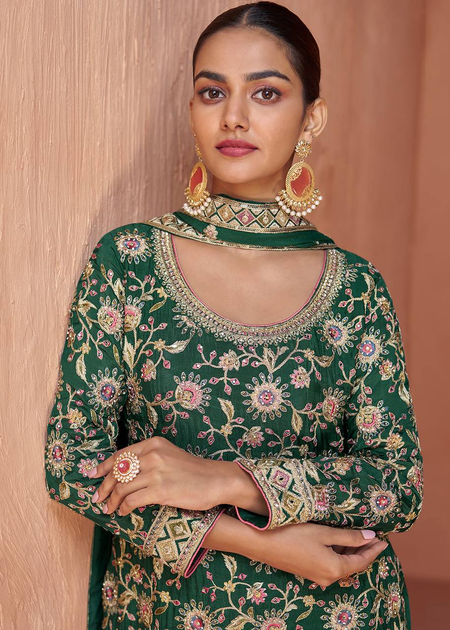 Bottel Green Elegant Embroidered Chinon Top & Plazo Set with Dupatta ClothsVilla