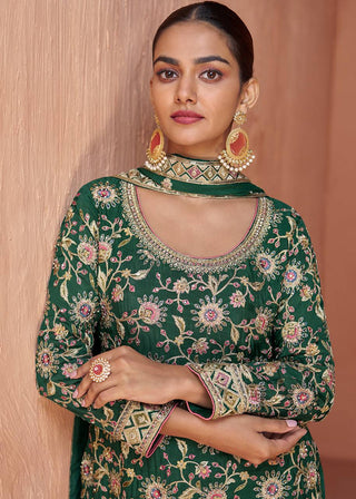 Bottel Green Elegant Embroidered Chinon Top & Plazo Set with Dupatta ClothsVilla