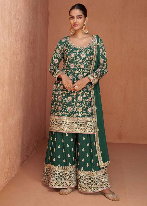 Bottel Green Elegant Embroidered Chinon Top & Plazo Set with Dupatta ClothsVilla