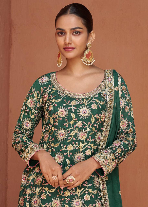 Bottel Green Elegant Embroidered Chinon Top & Plazo Set with Dupatta ClothsVilla