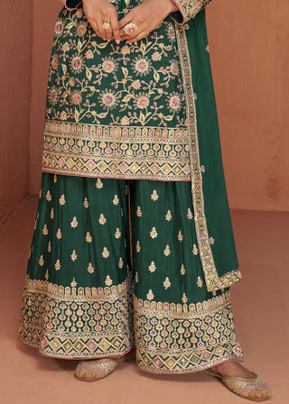 Bottel Green Elegant Embroidered Chinon Top & Plazo Set with Dupatta ClothsVilla
