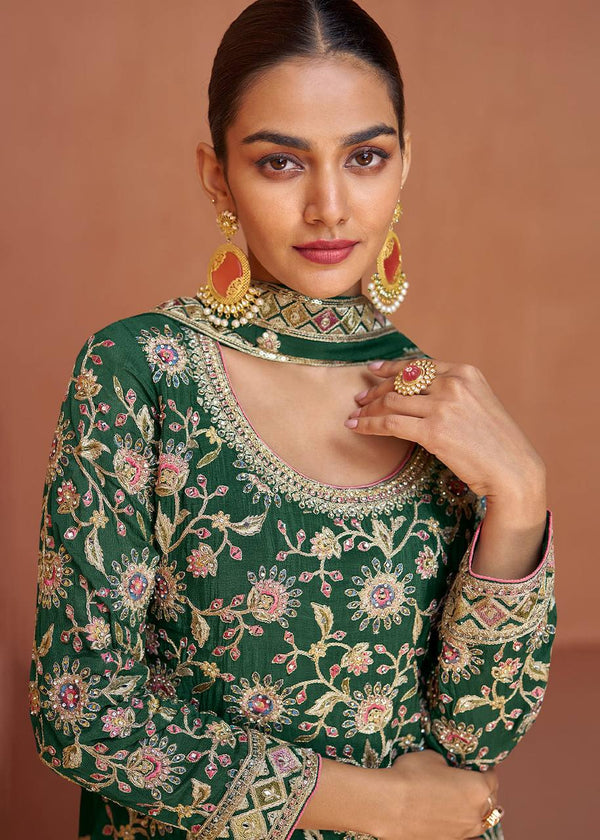 Bottel Green Elegant Embroidered Chinon Top & Plazo Set with Dupatta ClothsVilla
