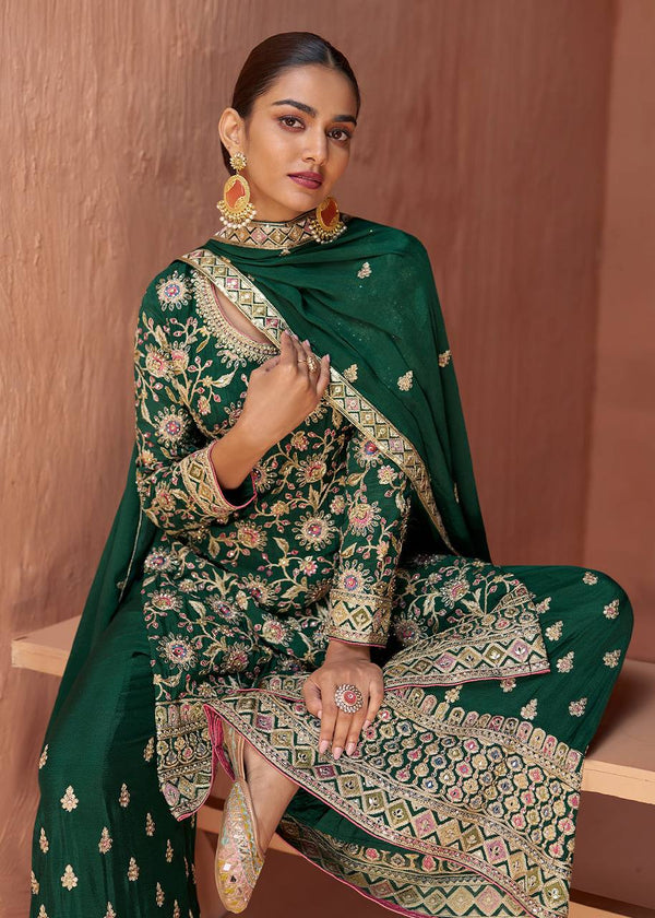 Bottel Green Elegant Embroidered Chinon Top & Plazo Set with Dupatta ClothsVilla