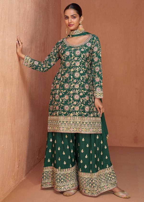 Bottel Green Elegant Embroidered Chinon Top & Plazo Set with Dupatta ClothsVilla