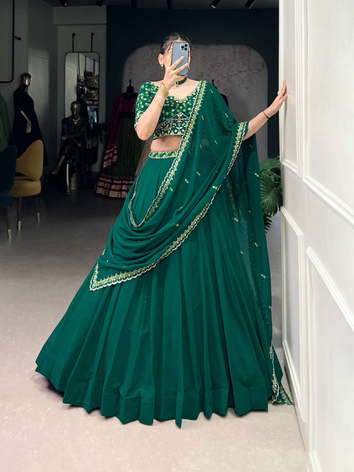 Bottel Green Elegant Georgette Embroidered Lehenga Set with Dupatta & Unstitched Blouse ClothsVilla Main image