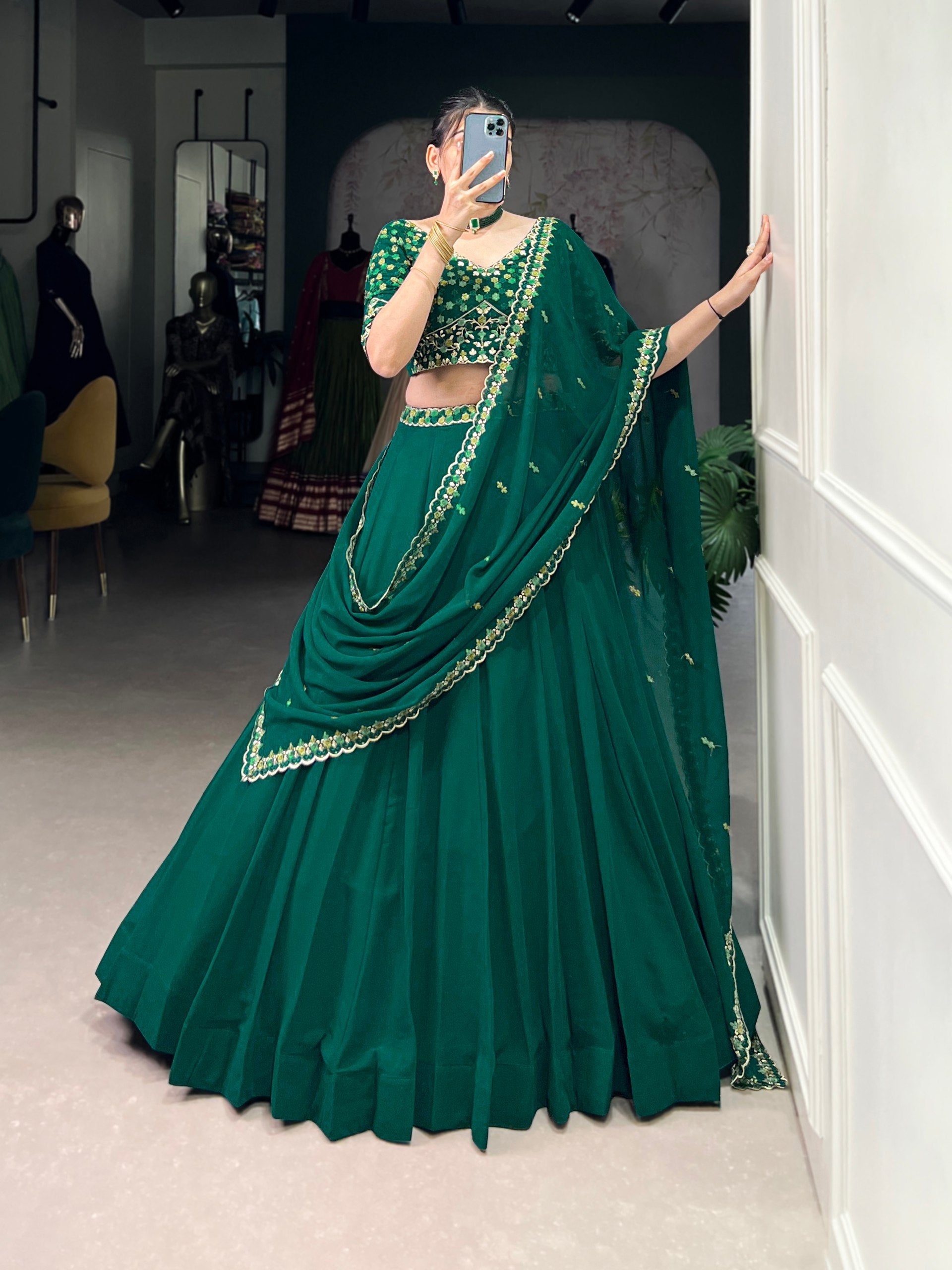 Bottel Green Elegant Georgette Embroidered Lehenga Set with Dupatta & Unstitched Blouse ClothsVilla Main image