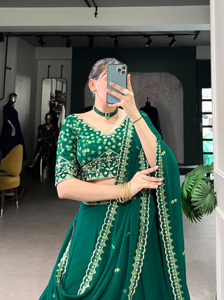 Bottel Green Elegant Georgette Embroidered Lehenga Set with Dupatta & Unstitched Blouse ClothsVilla