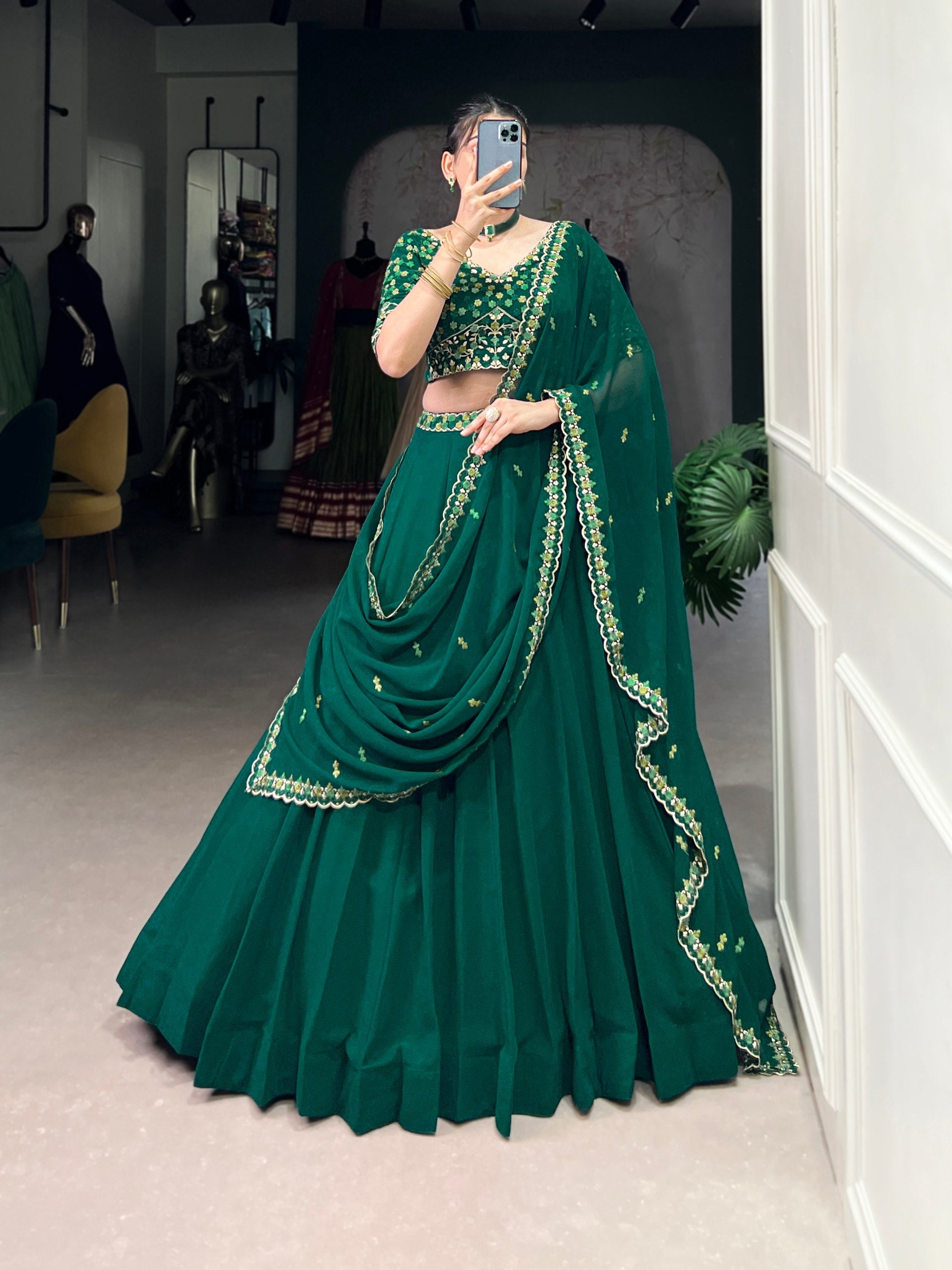 Bottel Green Elegant Georgette Embroidered Lehenga Set with Dupatta & Unstitched Blouse Secondary image