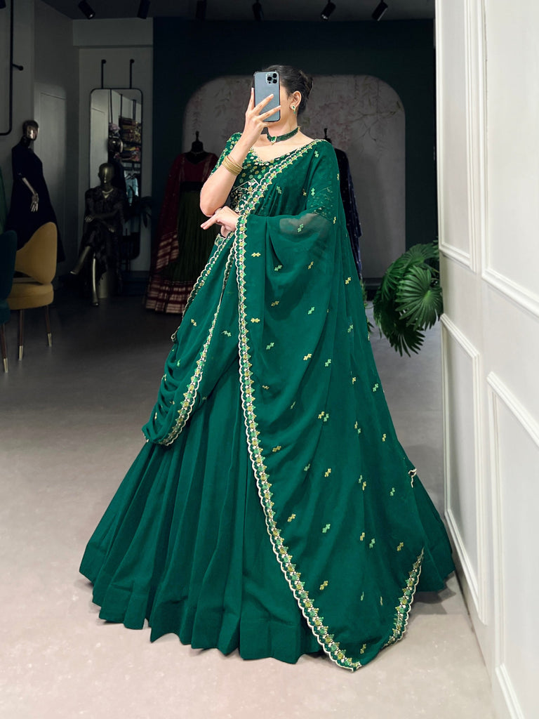 Bottel Green Elegant Georgette Embroidered Lehenga Set with Dupatta & Unstitched Blouse ClothsVilla