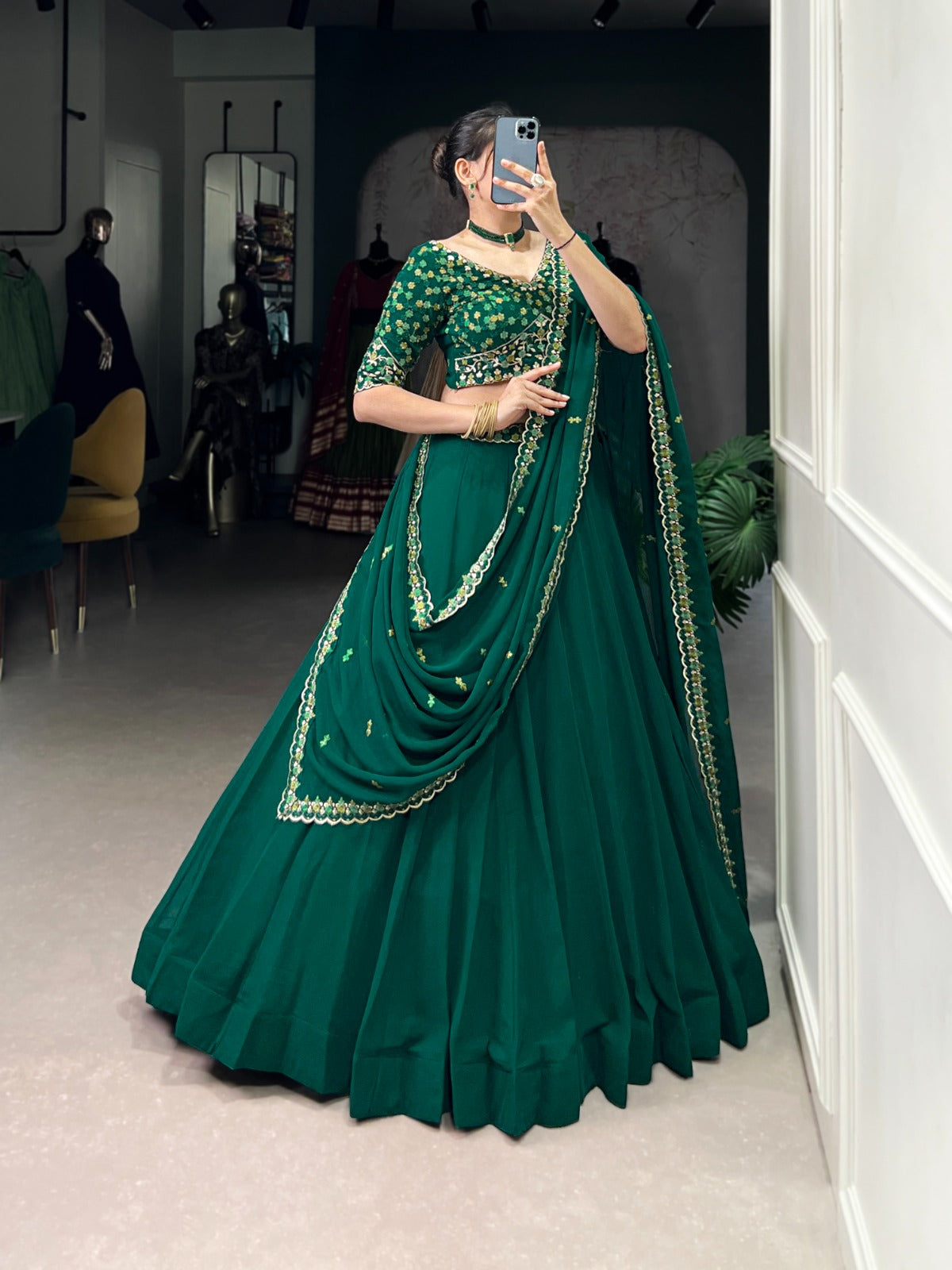 Bottel Green Elegant Georgette Embroidered Lehenga Set with Dupatta & Unstitched Blouse ClothsVilla