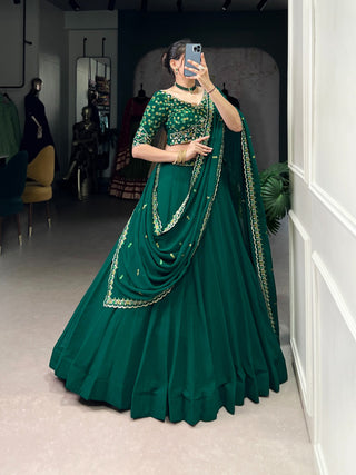 Bottel Green Elegant Georgette Embroidered Lehenga Set with Dupatta & Unstitched Blouse ClothsVilla
