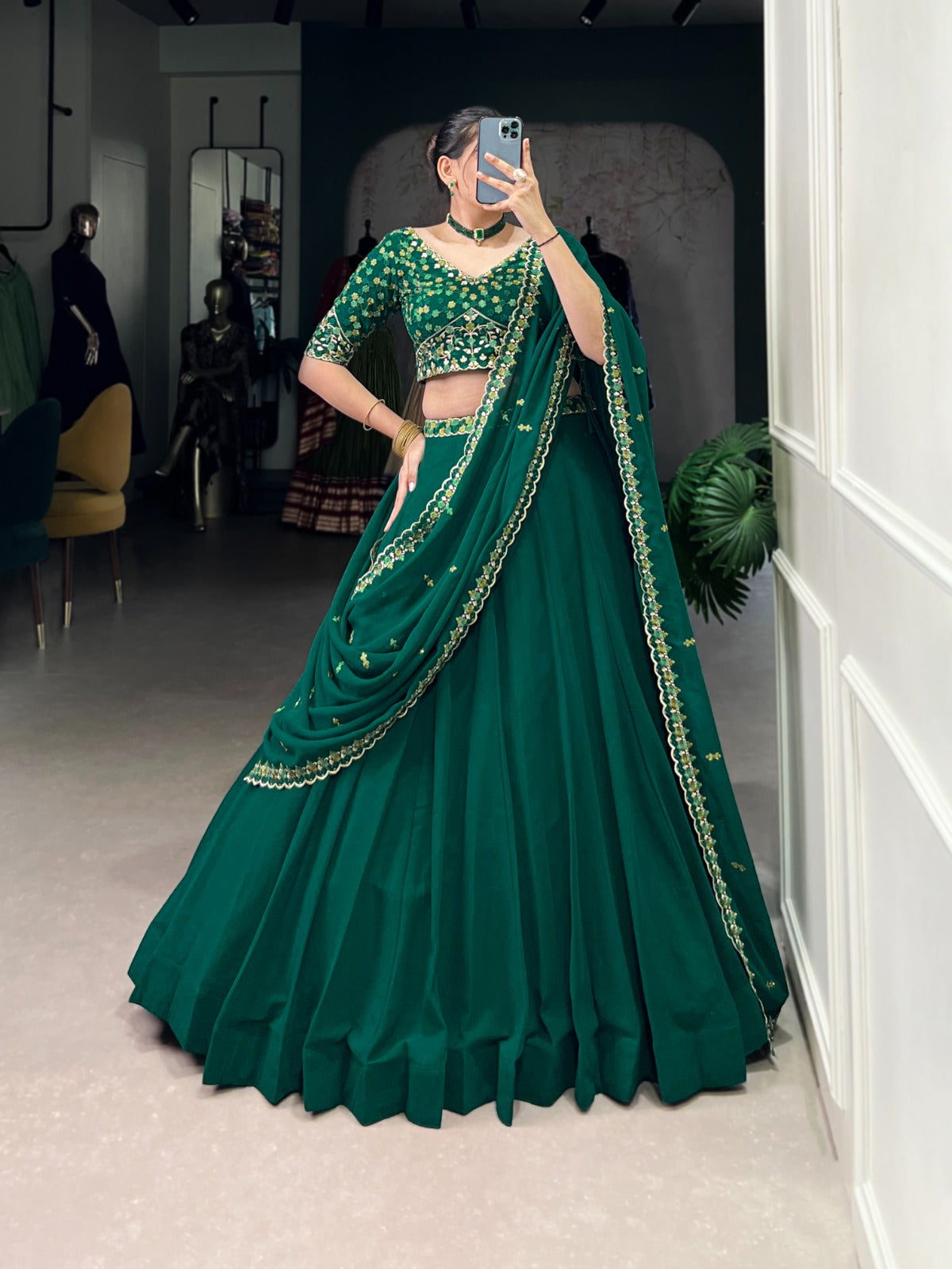Bottel Green Elegant Georgette Embroidered Lehenga Set with Dupatta & Unstitched Blouse ClothsVilla