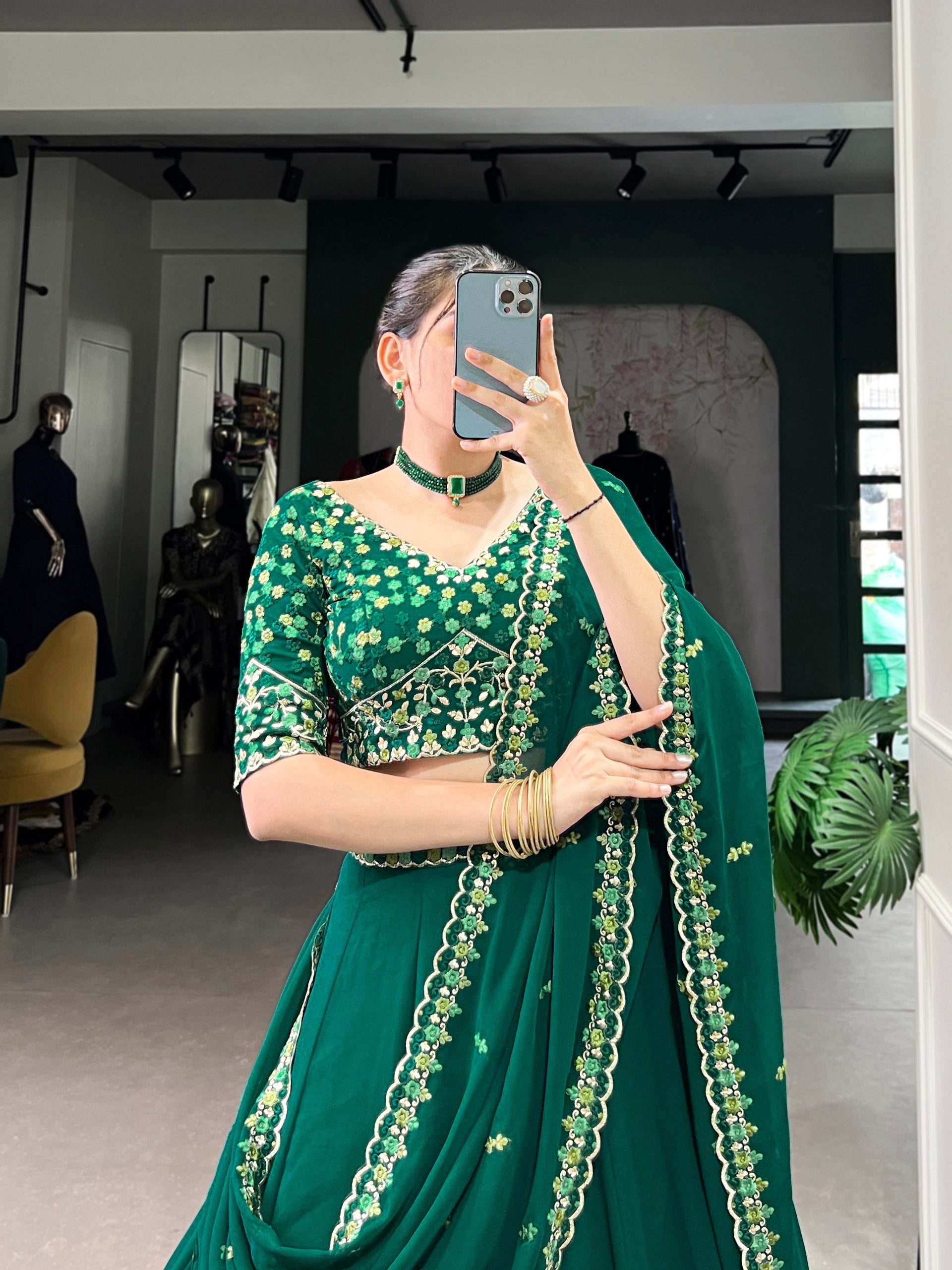 Bottel Green Elegant Georgette Embroidered Lehenga Set with Dupatta & Unstitched Blouse ClothsVilla
