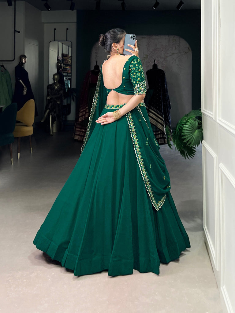 Bottel Green Elegant Georgette Embroidered Lehenga Set with Dupatta & Unstitched Blouse ClothsVilla