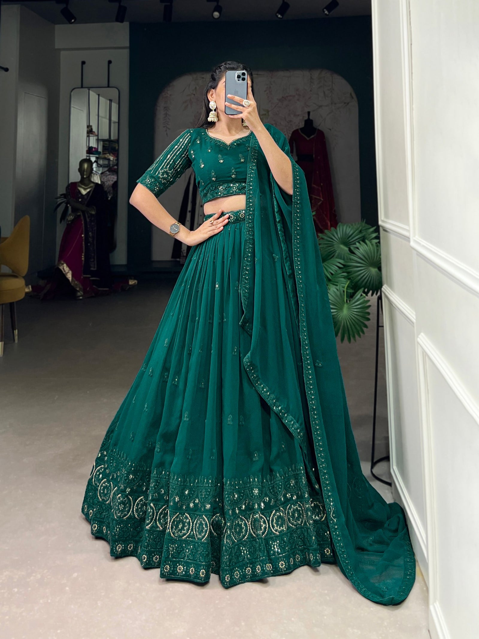 Bottel Green Radiant Elegance: Georgette Lehenga with Sequins Embroidery