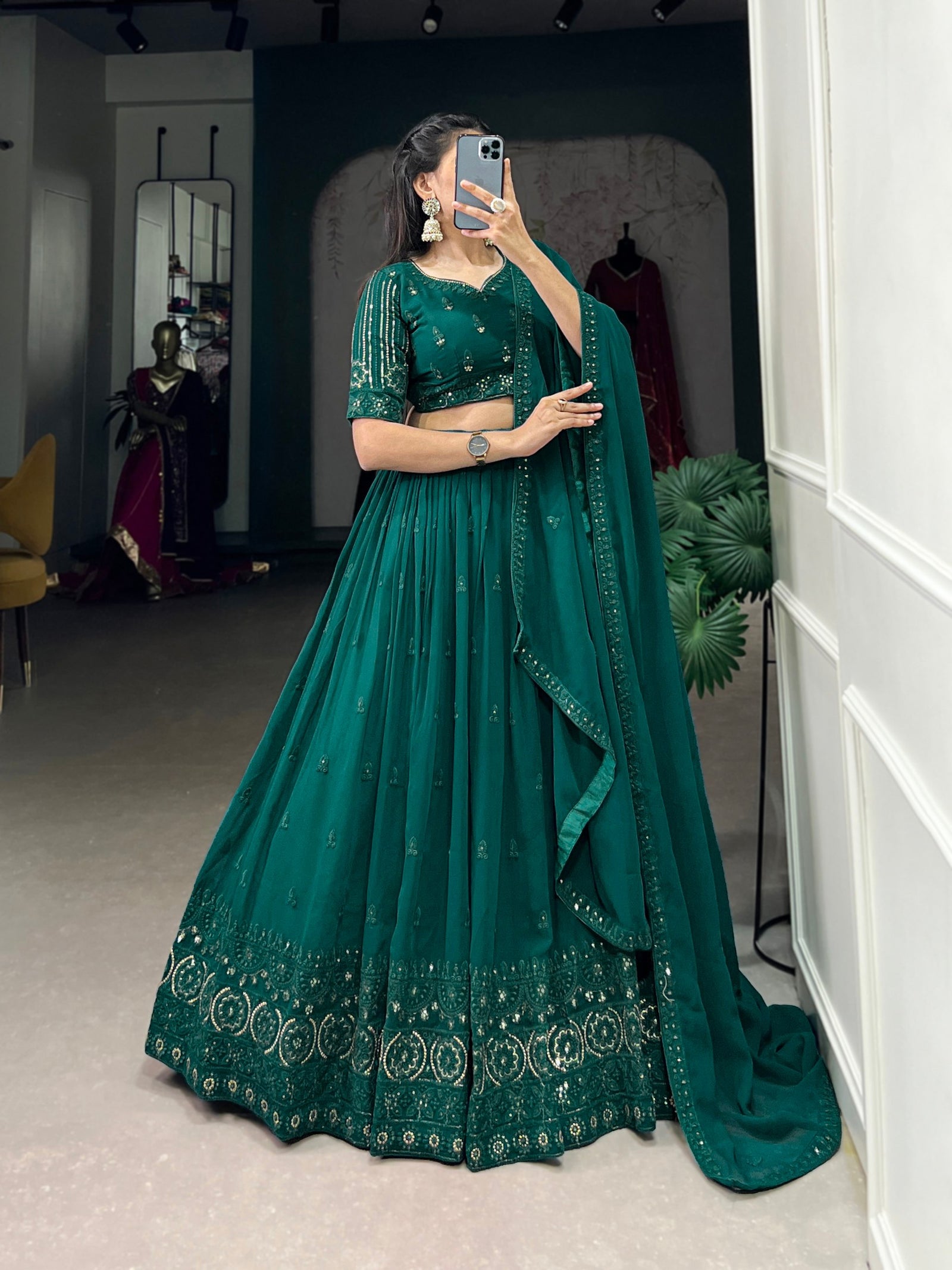 Bottel Green Radiant Elegance: Georgette Lehenga with Sequins Embroidery
