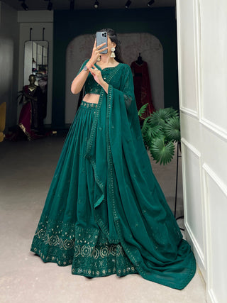 Bottel Green Radiant Elegance: Georgette Lehenga with Sequins Embroidery
