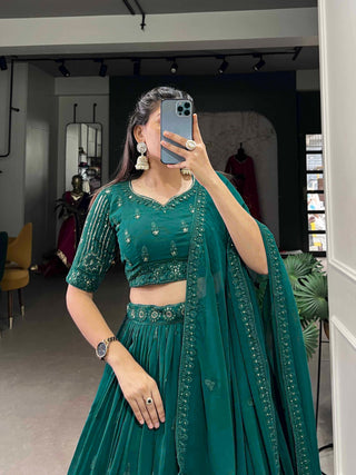 Bottel Green Radiant Elegance: Georgette Lehenga with Sequins Embroidery