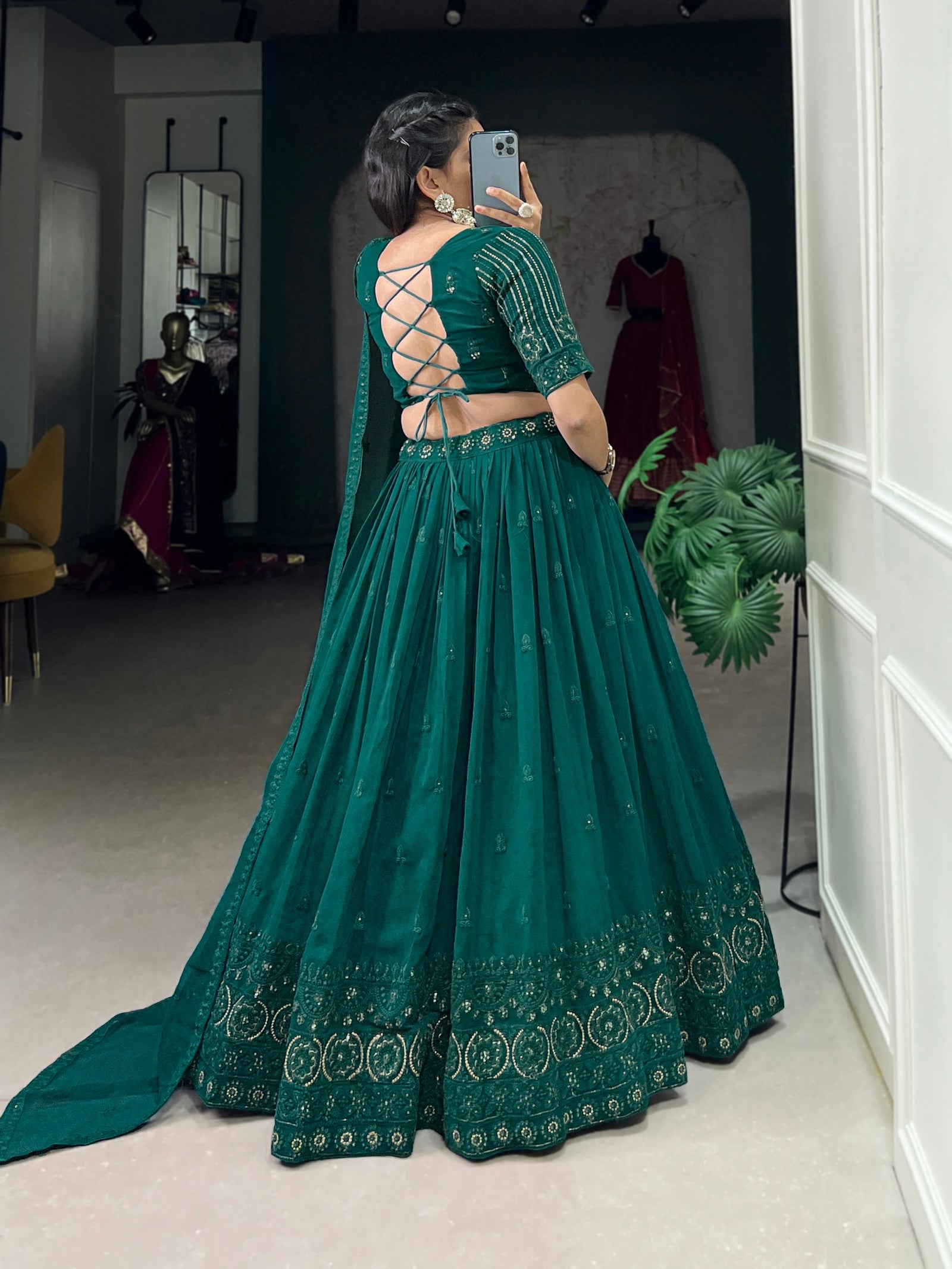 Bottel Green Radiant Elegance: Georgette Lehenga with Sequins Embroidery