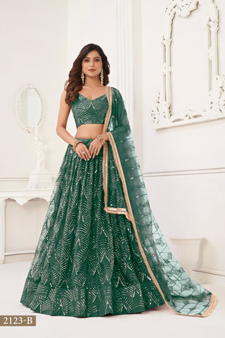 Bottle Green Butterfly Net Lehenga with Tone-to-Tone Thread Work and Mirror Embroidery ClothsVilla