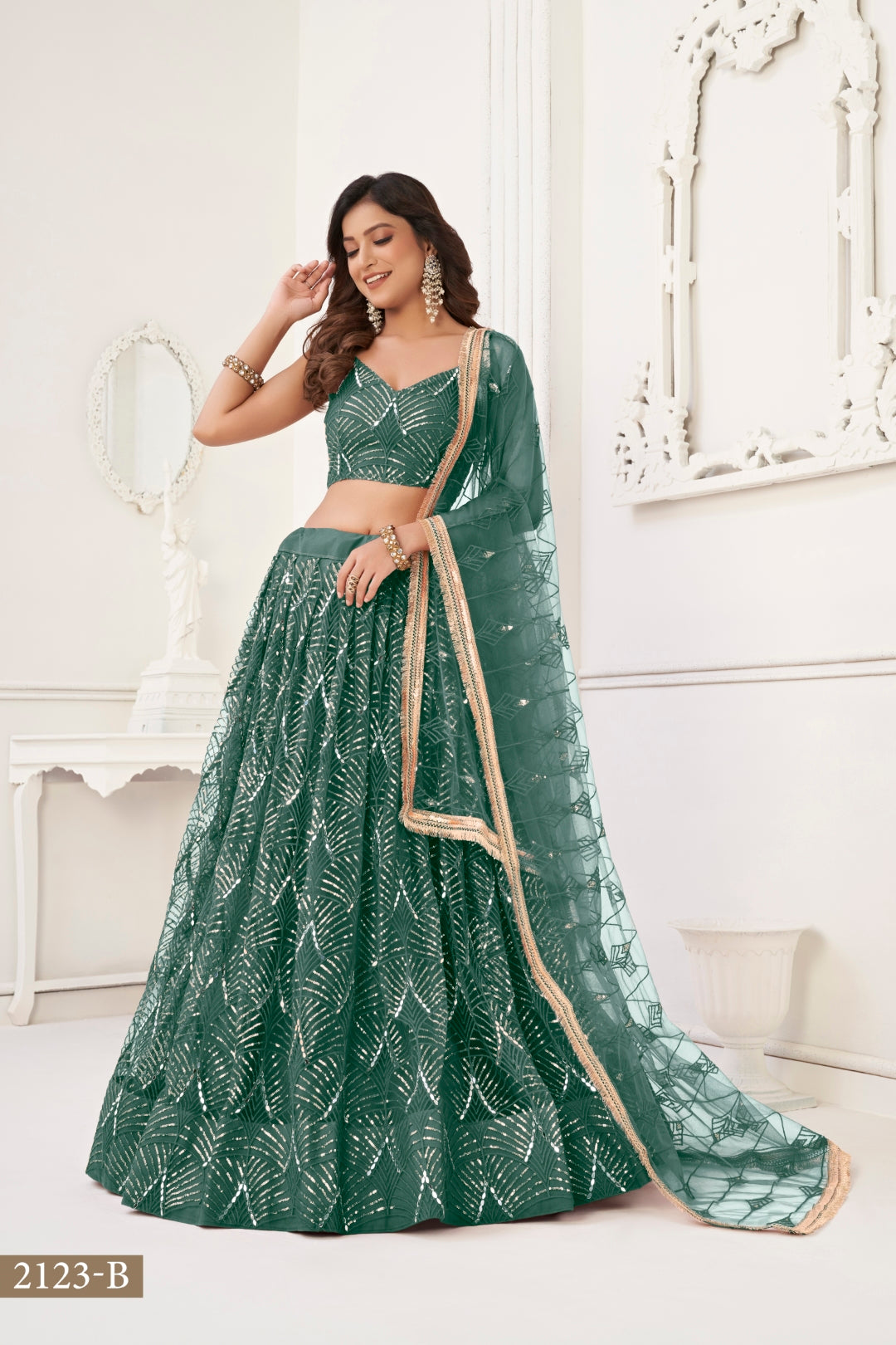 Bottle Green Butterfly Net Lehenga with Tone-to-Tone Thread Work and Mirror Embroidery ClothsVilla