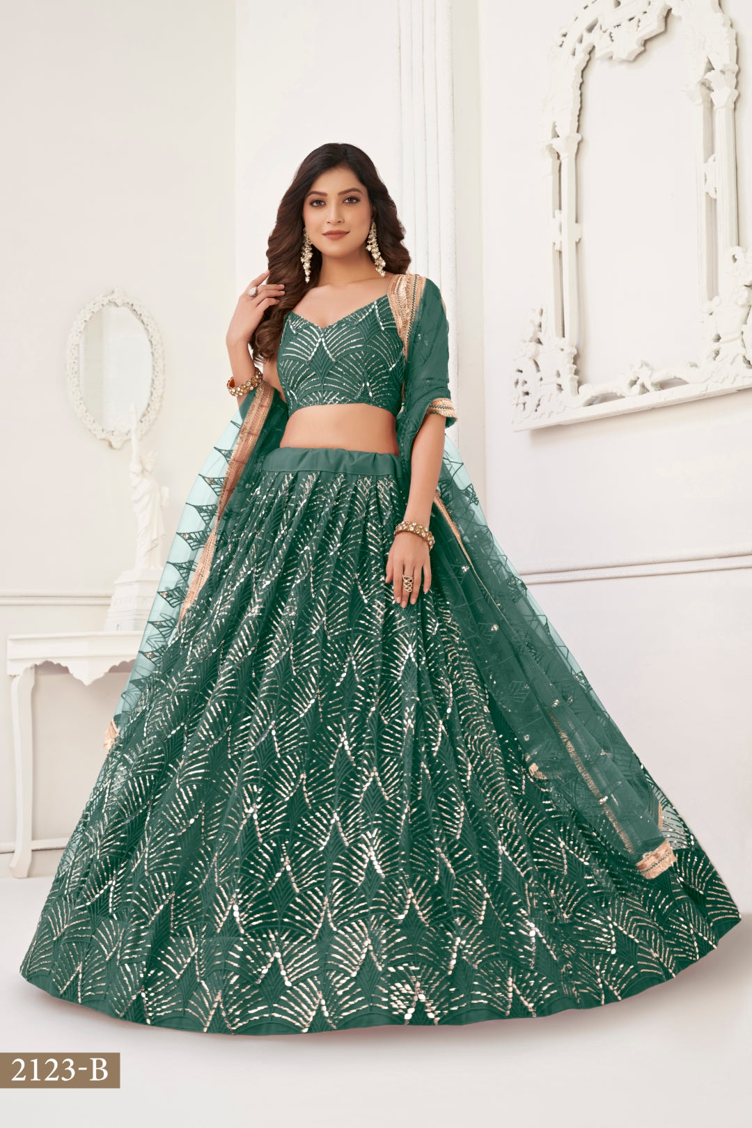 Bottle Green Butterfly Net Lehenga with Tone-to-Tone Thread Work and Mirror Embroidery ClothsVilla