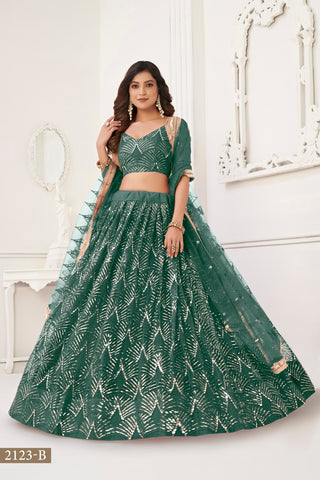 Bottle Green Butterfly Net Lehenga with Tone-to-Tone Thread Work and Mirror Embroidery ClothsVilla