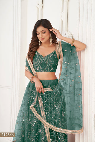 Bottle Green Butterfly Net Lehenga with Tone-to-Tone Thread Work and Mirror Embroidery ClothsVilla