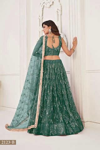 Bottle Green Butterfly Net Lehenga with Tone-to-Tone Thread Work and Mirror Embroidery ClothsVilla