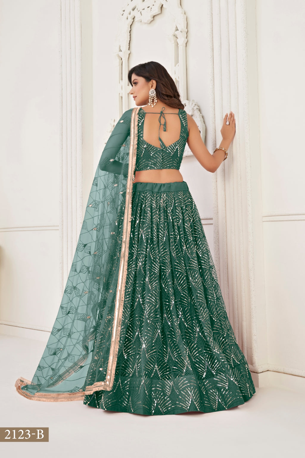 Bottle Green Butterfly Net Lehenga with Tone-to-Tone Thread Work and Mirror Embroidery ClothsVilla