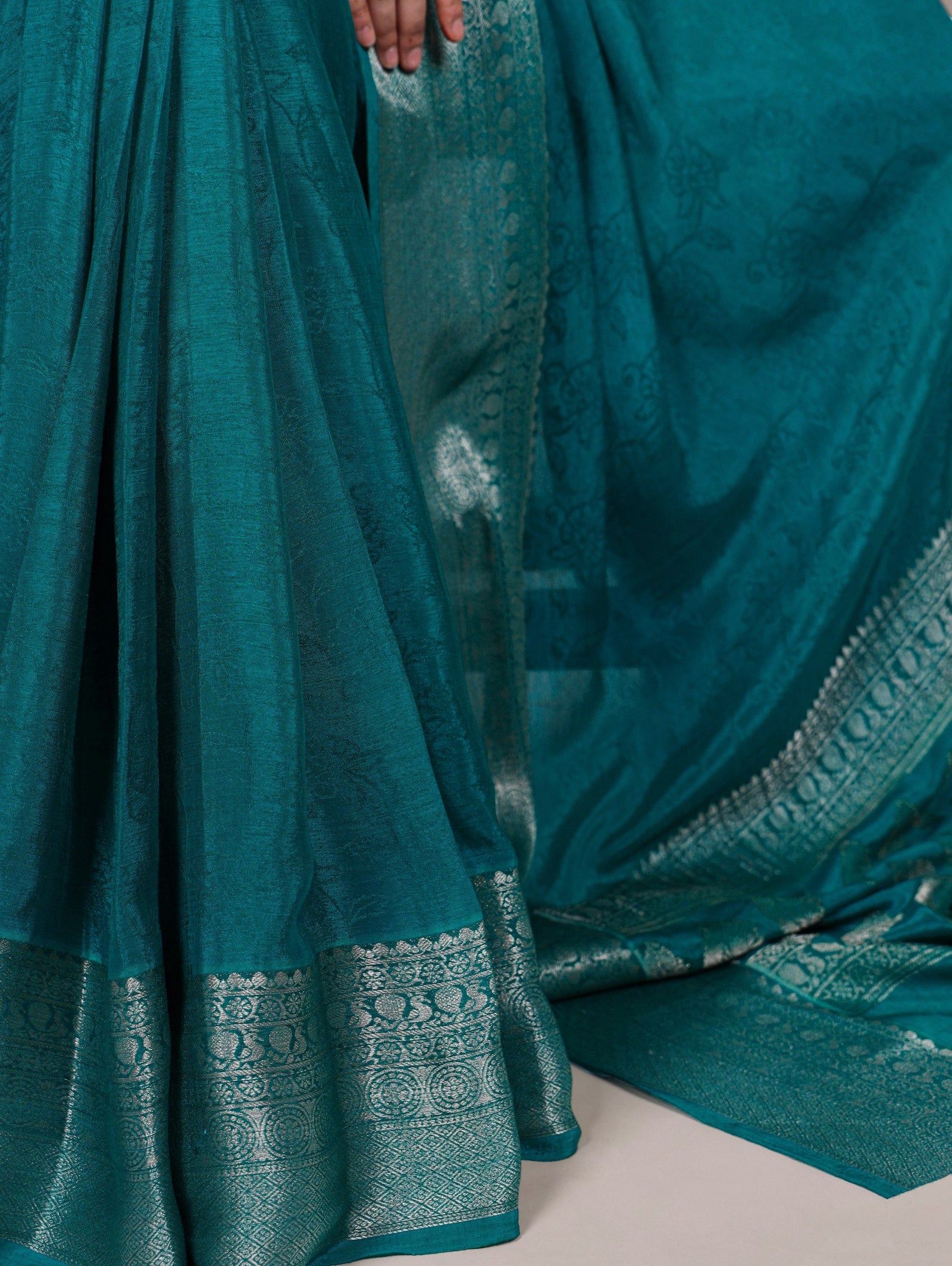 Bottle Green Chinon Self-Printed Saree with Zari Weaving Work & Matching Unstitched Blouse – Lightweight Festive & Traditional Wear Saree for Women ClothsVilla