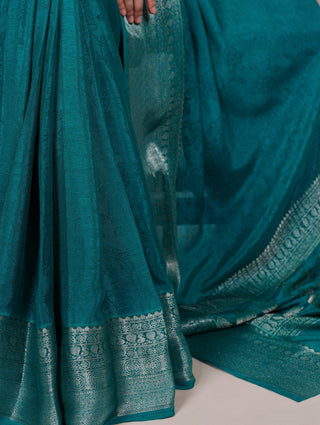 Bottle Green Chinon Self-Printed Saree with Zari Weaving Work & Matching Unstitched Blouse – Lightweight Festive & Traditional Wear Saree for Women ClothsVilla