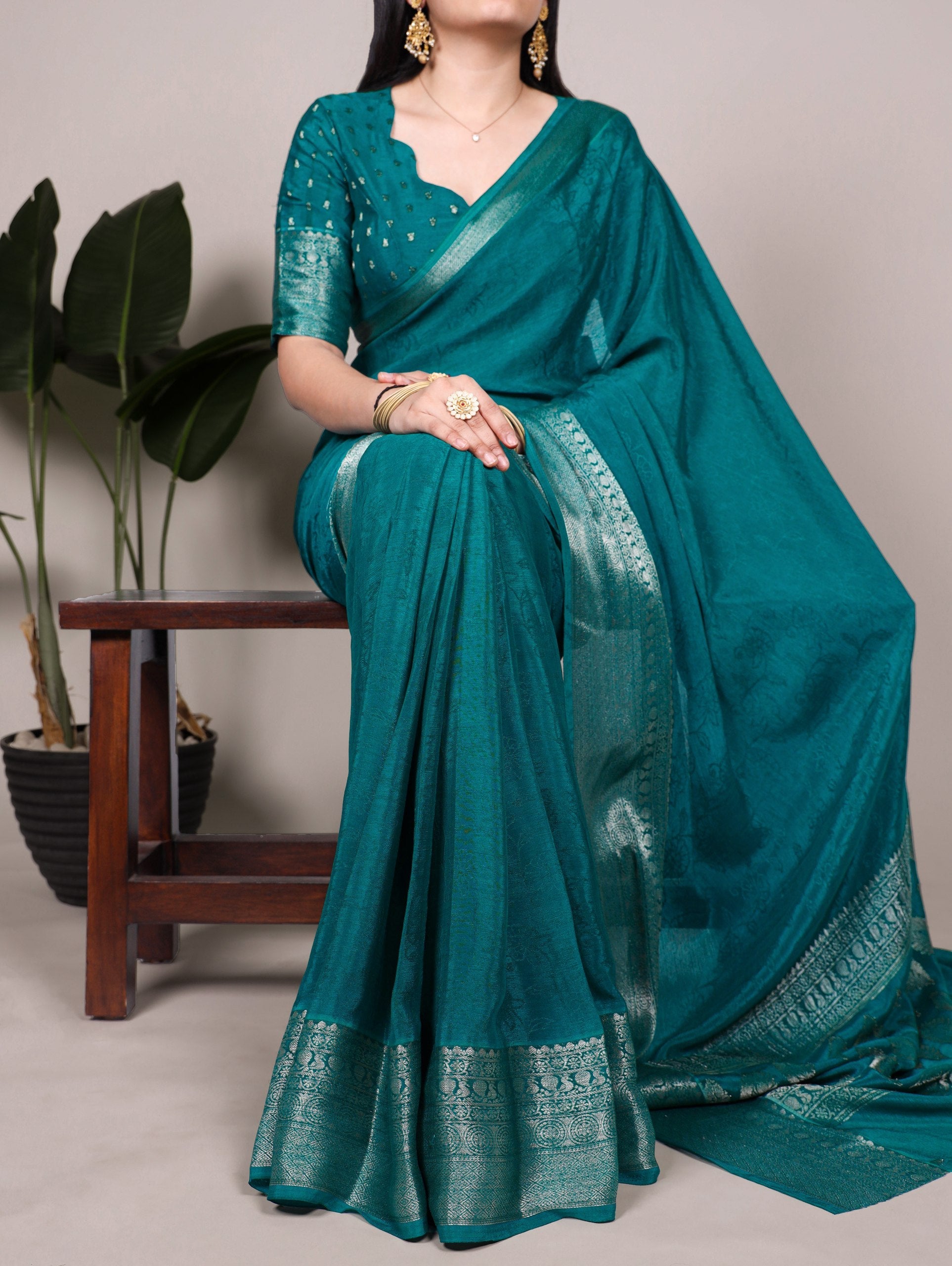 Bottle Green Chinon Self-Printed Saree with Zari Weaving Work & Matching Unstitched Blouse – Lightweight Festive & Traditional Wear Saree for Women ClothsVilla Main image