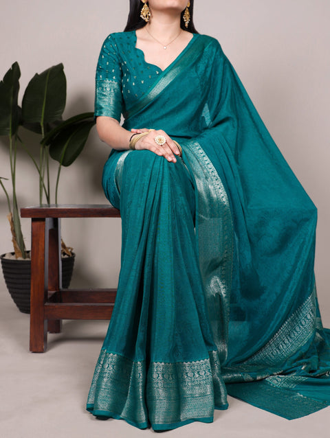 Bottle Green Chinon Self-Printed Saree with Zari Weaving Work & Matching Unstitched Blouse – Lightweight Festive & Traditional Wear Saree for Women ClothsVilla Main image