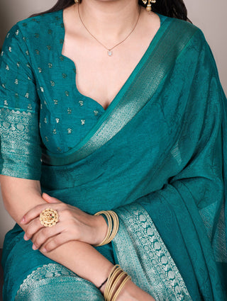 Bottle Green Chinon Self-Printed Saree with Zari Weaving Work & Matching Unstitched Blouse – Lightweight Festive & Traditional Wear Saree for Women ClothsVilla