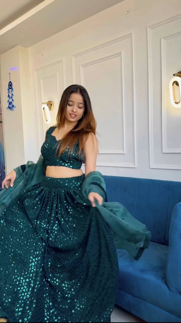 Bottle Green Dazzling Georgette Sequins Lehenga Set — Sparkle This Festive Season ClothsVilla