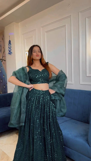 Bottle Green Dazzling Georgette Sequins Lehenga Set — Sparkle This Festive Season ClothsVilla