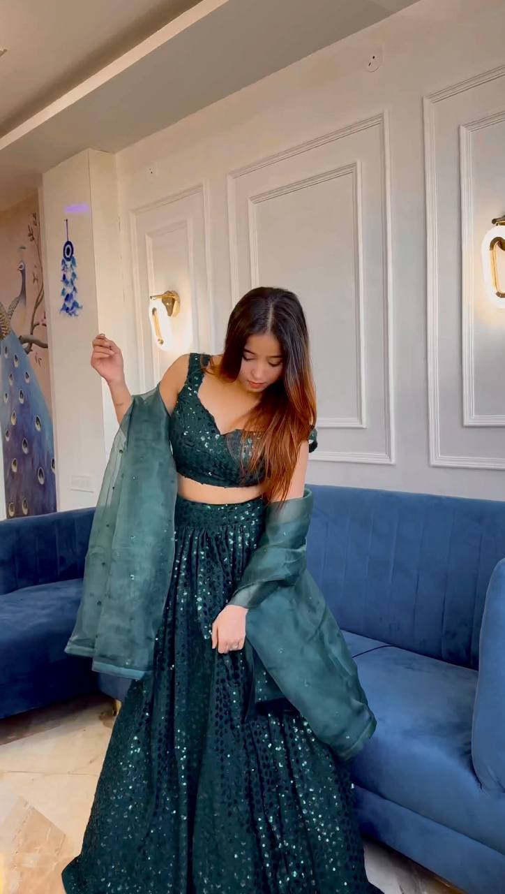 Bottle Green Dazzling Georgette Sequins Lehenga Set — Sparkle This Festive Season ClothsVilla